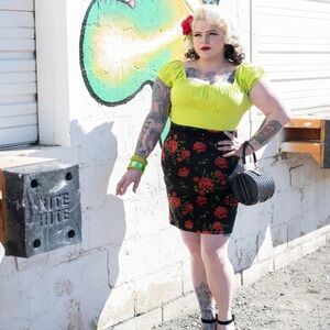 Sourpuss Black and Red Floral Pencil Skirt